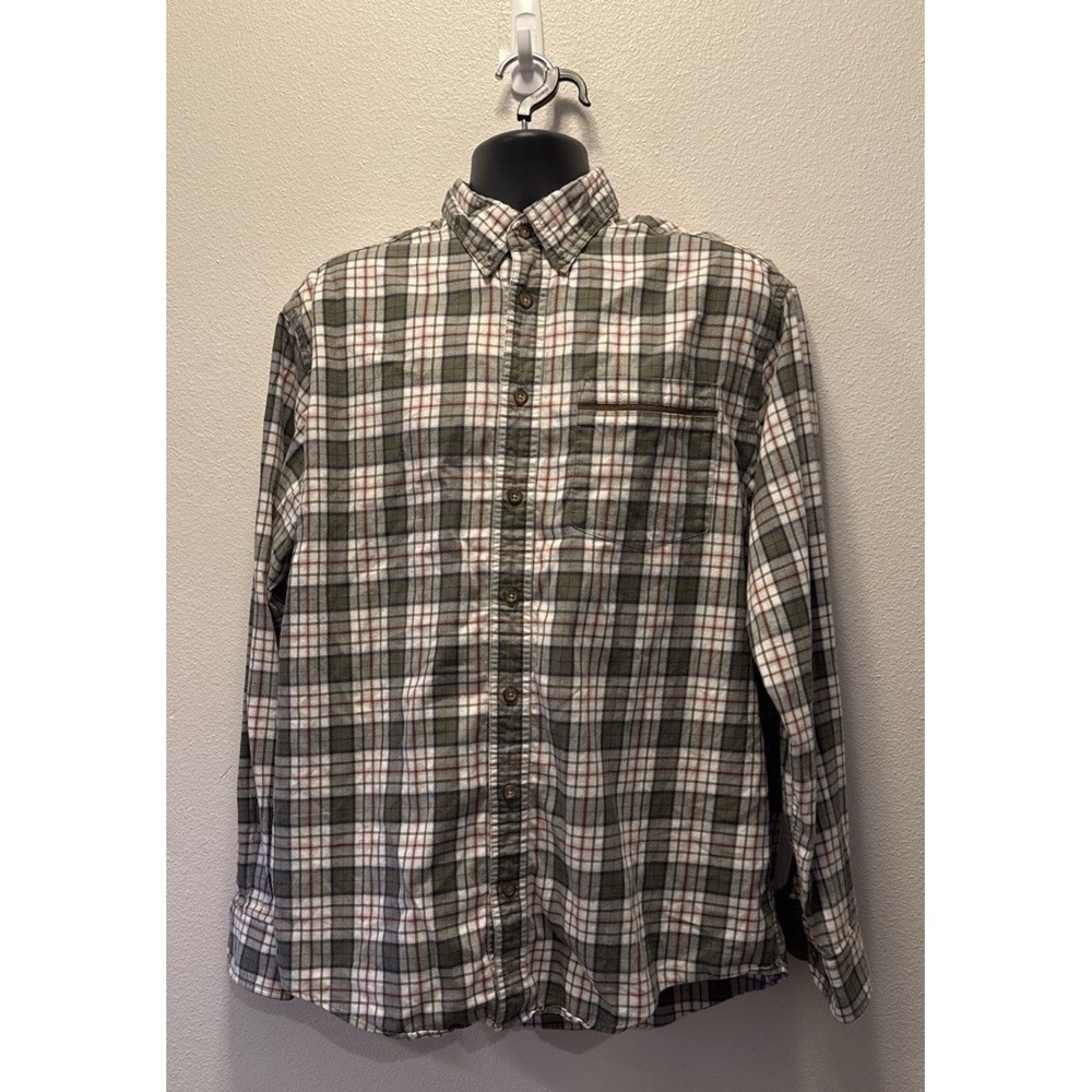 Cabelas Dress Shirt‎ Mens LT White/Green Check  Long Sleeve Cotton Button Down